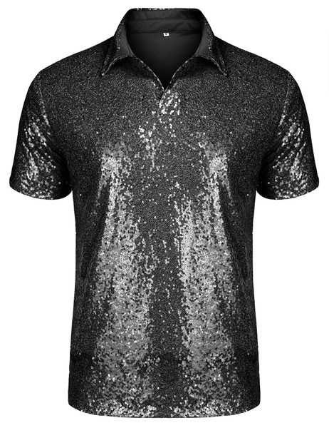 URRU Men's Relaxed Short Sleeve Turndown Sparkle Sequins Polo Shirts 70s Disco Nightclub Party T-Shirts Tops