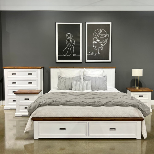 Provedore Two Tone King Bed, 1x Tallboy, 2x Bedside & Diamond Deluxe Mattress Suite