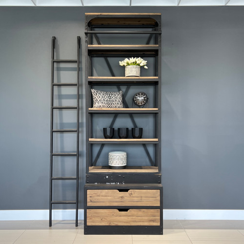 Oxley Bookcase w/ Ladder - Small - Made from recycled materials inc. metal, timber & hardware. Expect imperfections such as warping, scratches, dents, cracks, splinters & chips, these ARE NOT covered by warranty.