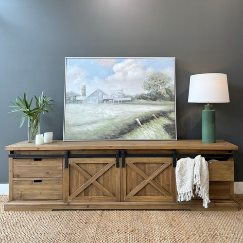 Lockhart TV Unit 2200 - Made from recycled materials inc. metal, timber & hardware. Expect imperfections such as warping, scratches, dents, cracks, splinters & chips, these ARE NOT covered by warranty.