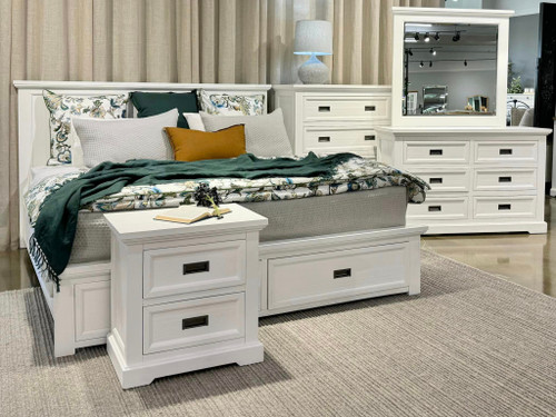 Provedore All White Queen Bed, 1x Dresser, 2x Bedside & Diamond Deluxe Mattress Suite