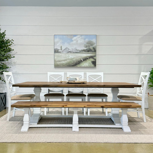 Provedore Two Tone 240cm Dining Table, 220cm Bench Seat & 5x Provedore White Dining Chairs Suite