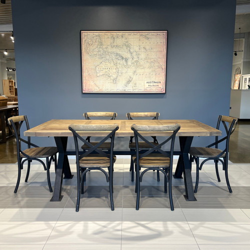 Lockhart 2.5m Dining Table & 8x Lockhart Dining Chairs - Made from recycled materials like metal, timber & hardware. Expect imperfections such as warping, scratches, dents, cracks, splinters & chips, these are NOT covered by warranty.