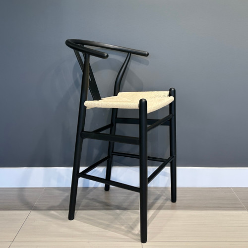 Wishbone Bar Stool - Black w/ Natural Seat