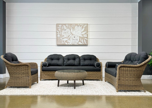 Mulwala Sofa, Loveseat, Armchair & Coffee Table - Brushed Wheat w/ Denim Cushions