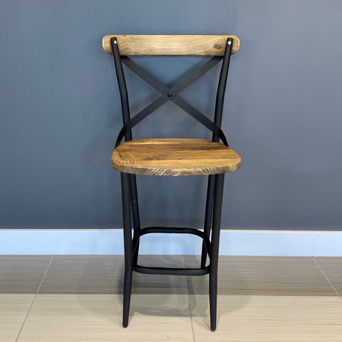 Lockhart Cross Back Bar Stools Set of 2 - Made from recycled materials inc. metal, timber & hardware. Item will have imperfections e.g. warping, scratches, dents, cracks, splinters & chips. These imperfections ARE NOT covered under warranty.