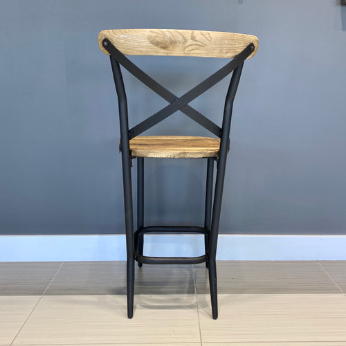 Lockhart Cross Back Bar Stools Set of 4 - Made from recycled materials inc. metal, timber & hardware. Item will have imperfections e.g. warping, scratches, dents, cracks, splinters & chips. These imperfections ARE NOT covered under warranty.
