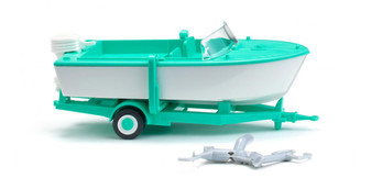 WIKING 009503 Trailer-mounted motor boat - signalwhite/mintgreen (H0)