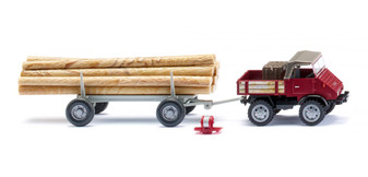 WIKING 087006 Unimog U 411 with long log trailer - brown red (H0)