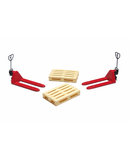 87TRAIN 221026 2 red pallet jacks and 2 europallets  (H0)