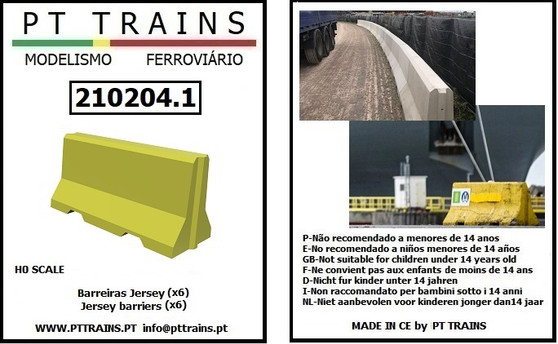 PT TRAINS 210204.1 JERSEY BARRIERS YELLOW 6 PIECE (H0)