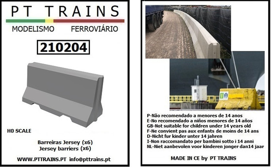 PT TRAINS 210204 JERSEY BARRIERS GREY 6 PIECE (H0)