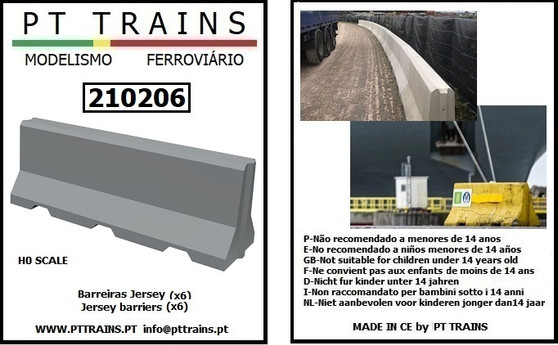 PT TRAINS 210206 JERSEY BARRIERS GREY 6 PIECE (H0)