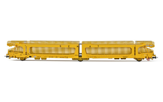 ELECTROTREN HE6041 SEMAT, 3-axle car transporter with protective lateral grills, yellow, period IV (DC)(HO)