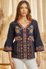 SAVANNA JANE EMBELLISHED AZTEC EMBROIDERY - LADIES SHIRT  - T11259- NAVY