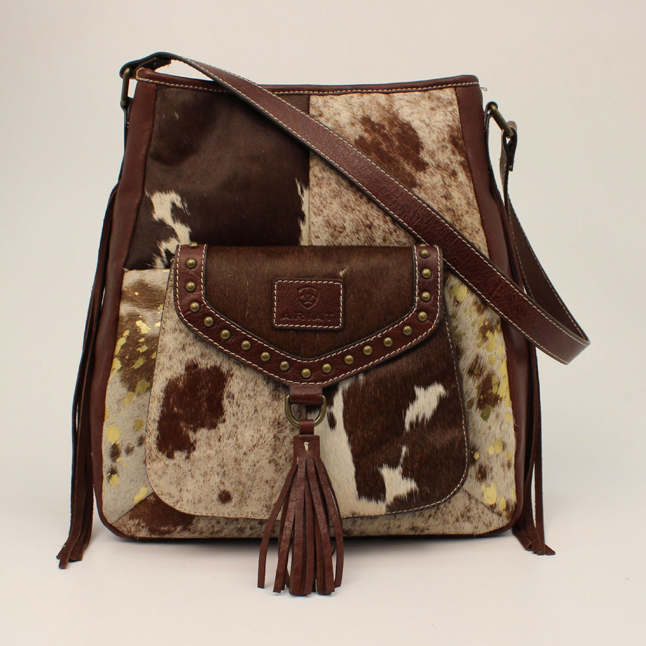 B8 Ready to ship! Western Leather & Cowhide Handbag Rodeo Purse Tooled Embossed Leather w/ Bucking Horse Fringe Tote