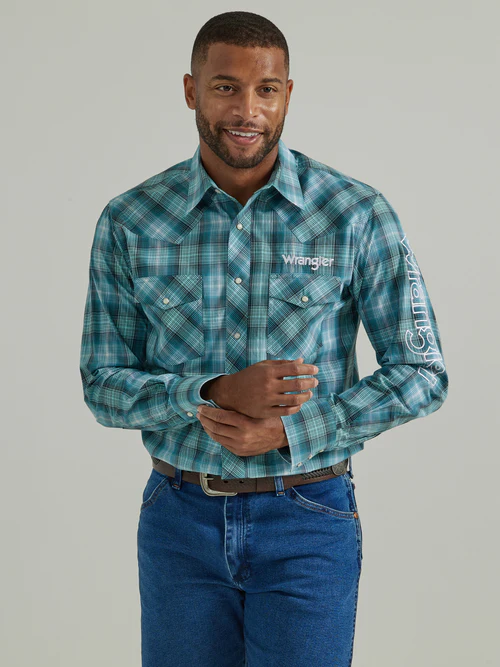 LOGO BLUE PLAID SNAP 112330339 WRANGLER