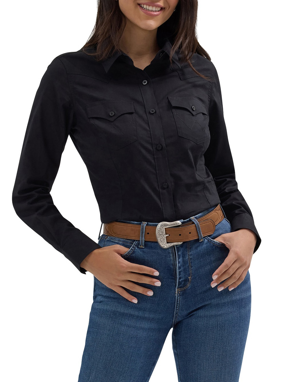 Wrangler Women's Long Sleeve Solid Button Down Shirt Black / L