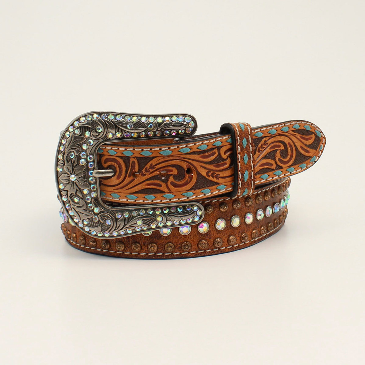 Tooled Brown Leather Belt - Oval Buckle