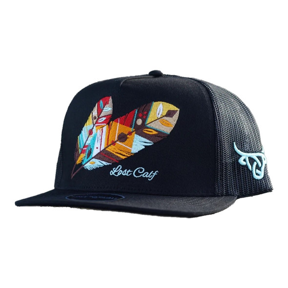 LOST CALF FEATHER BLACK FLAT TRUCKER - HATS CAP  - TRIBE FLAT