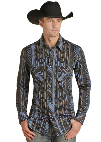 ROCK & ROLL AZTEC STRIPE BLUE PRINT - MENS SHIRT  - RRMSOSR08W