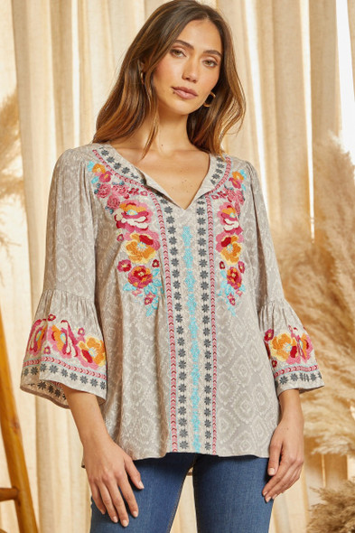 SAVANNA JANE GREY MULTI COLOR 3/4 SLEEVE - LADIES SHIRT  - 12884-27 GREY