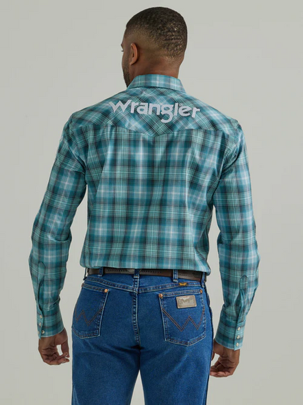 WRANGLER LOGO BLUE PLAID SNAP - MENS SHIRT  - 112330339