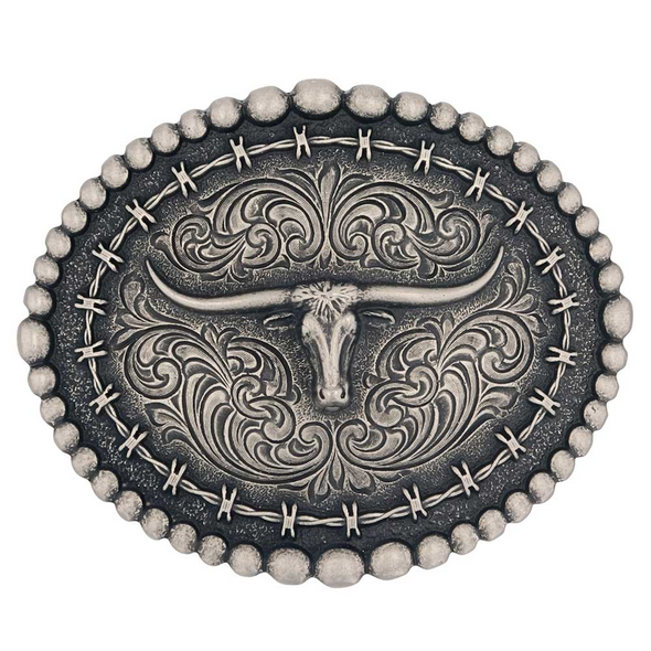 ATTITUDE BY MONTANA SILVERSMITHS BARBED WIRE LONGHORN - ACC BUCKLE  - A972S