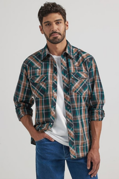 WRANGLER GREEN AND BROWN PLAID PRINT - MENS SHIRT  - 112337992