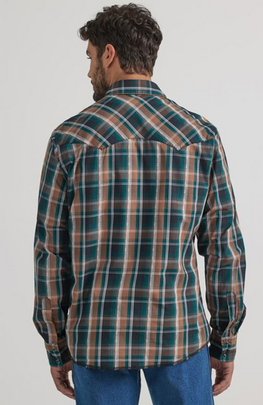 WRANGLER GREEN AND BROWN PLAID PRINT - MENS SHIRT  - 112337992