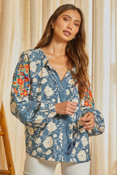 SAVANNA JANE BLUE FLORAL BLOUSE - LADIES SHIRT  - 18510-2 DENIM