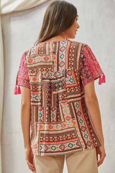 SAVANNA JANE AZTEC PRINT BABYDOLL PINK - LADIES SHIRT  - T10149-19