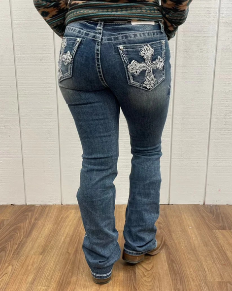 GRACE IN LA CROSS EMBELISHED MID RISE BOOT - LADIES JEANS  - EB51835