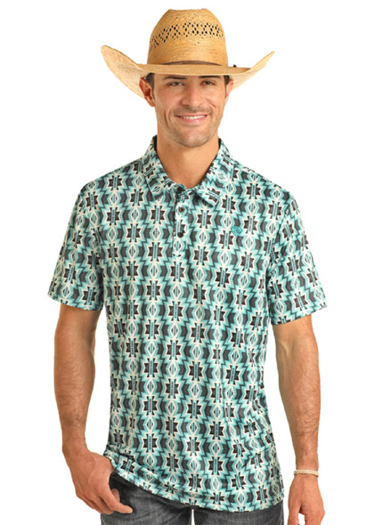 ROCK & ROLL PRINTED AZTEC POLO TEAL - MENS POLO  - BM51T03966