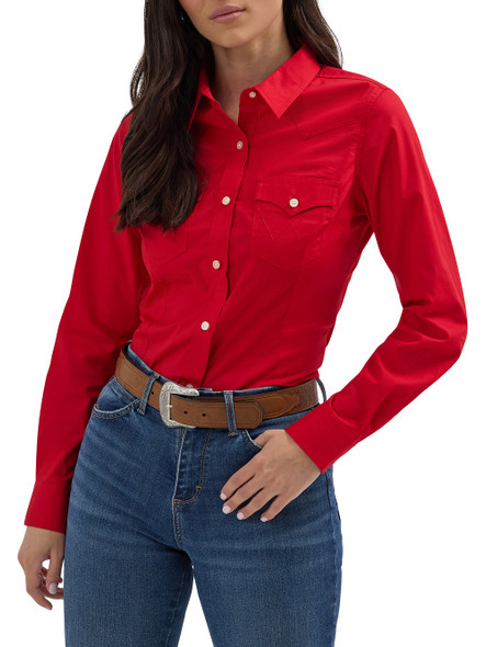 WRANGLER RETRO LONG SLEEVE SOLID RED - LADIES SHIRT  - 112358017