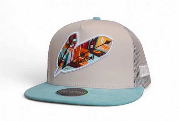 LOST CALF FEATHER TEAL CREAM - HATS CAP  - TRIBE PATCH FLAT