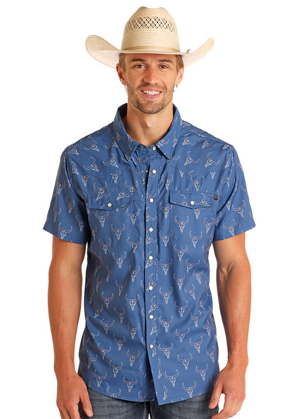 ROCK & ROLL TEK LONGHORN PRINT BLUE - MENS SHIRT  - BMN3S05951