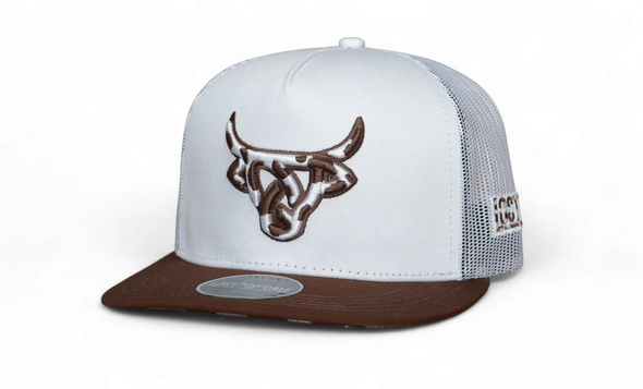 LOST CALF 3D LOGO WHITE BROWN COW PRINT - HATS CAP  - COWHIDE WHITE FLAT