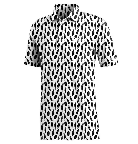 LOST CALF BLACK FEATHER PERF PRINT - MENS POLO  - BLACK FEATHERS