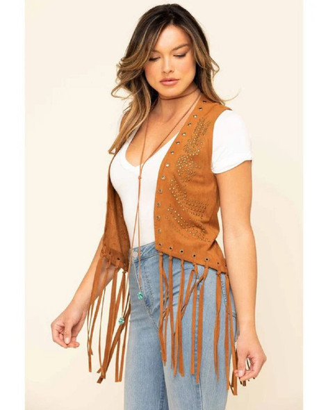 CAMEL FRINGE SUEDE STUDDED - LADIES VESTS  - FRNG-STU-CML