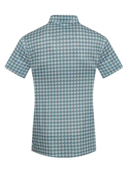 RODEO WHITE TEAL MEDALLION PRINT - MENS POLO  - RS200-1107