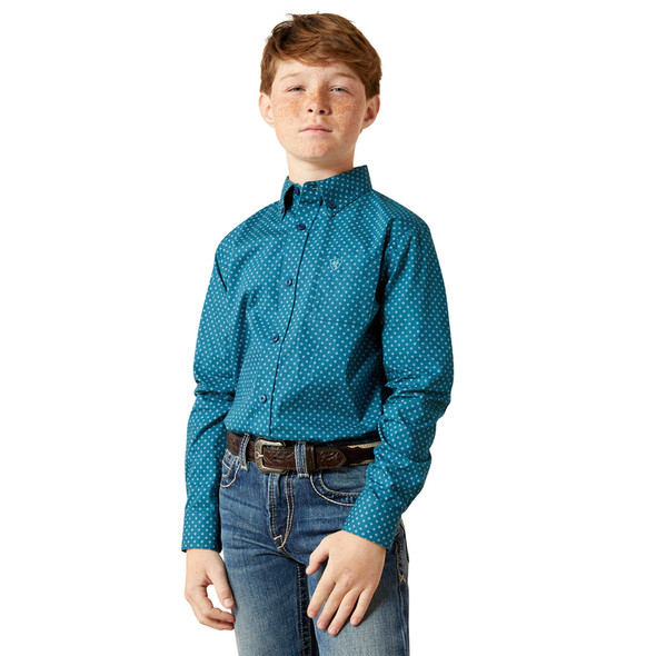 ARIAT TYCE CLASSIC DARK TEAL PRINT - KIDS BOYS SHIRT - 10065986