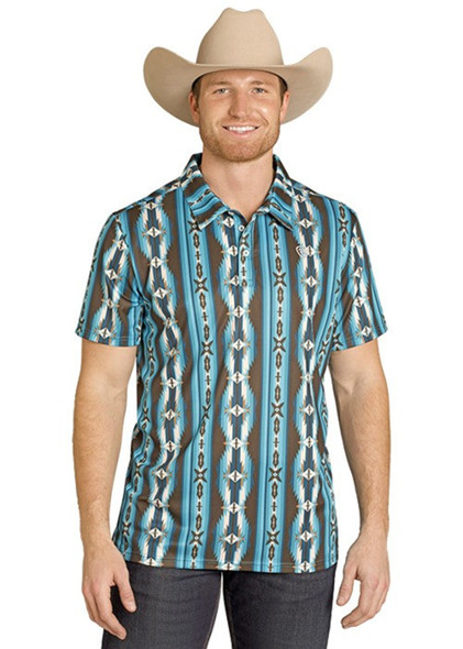 ROCK & ROLL AZTEC PRINTED POLO TEAL - MENS POLO  - BM51T07683