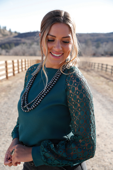 CRUEL GIRL FOREST GREEN CROCHETED SLEEVES - LADIES SHIRT  - CTK7493003