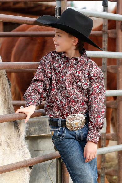 CINCH BURGUNDY PAISLEY PRINT - KIDS BOYS SHIRT - MTW7060402