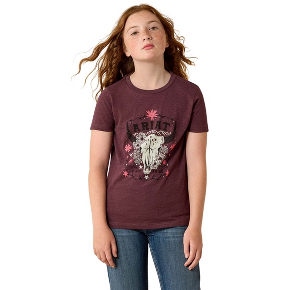 ARIAT SKULS FLORAL WINE TEE - KIDS GIRLS TEE - 10071700