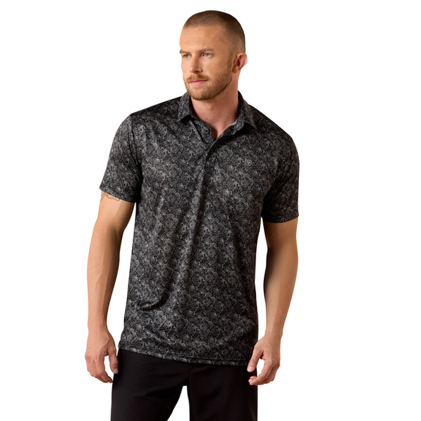 ARIAT ALL OVER BLACK PAISELY PRINT - MENS POLO  - 10076123