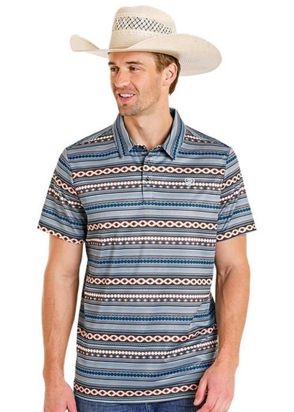 ROCK & ROLL AZTEC STRIPE PRINTED TEAL - MENS POLO  - BM51T08346