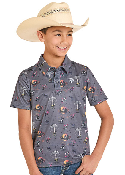 ROCK & ROLL SPACE COWBOY PRINTED POLO GREY - KIDS BOYS POLO - BB51T08349