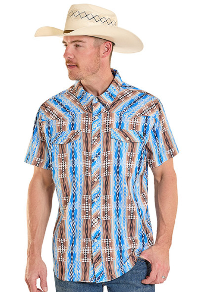 ROCK & ROLL AZTEC PRINTED TEK WESTERN BLUE - MENS SHIRT  - BMN3S08387